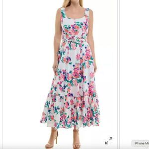 NWT TAYLOR Belted Scoop Neck Dress White Floral Ruffle Skirt Misty Rose Size 12